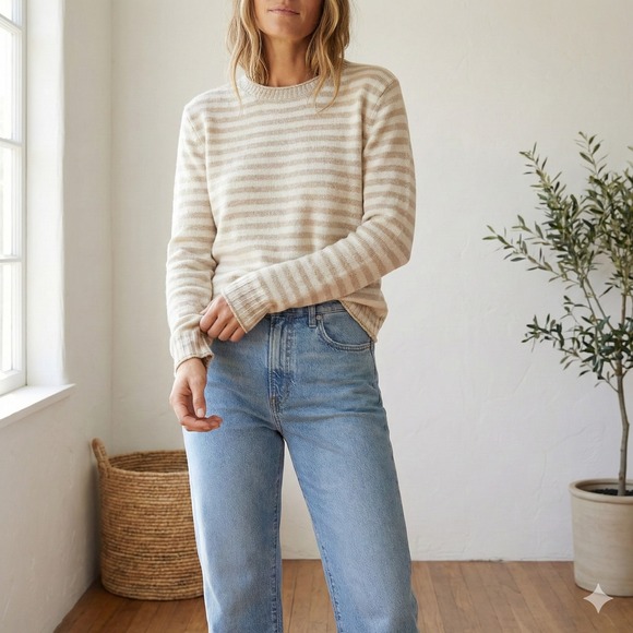 Jenni Kayne Sweaters - Jenni Kayne Everyday Sweater Womens XS Cream Tan Stripe Wool Cashmere Blend